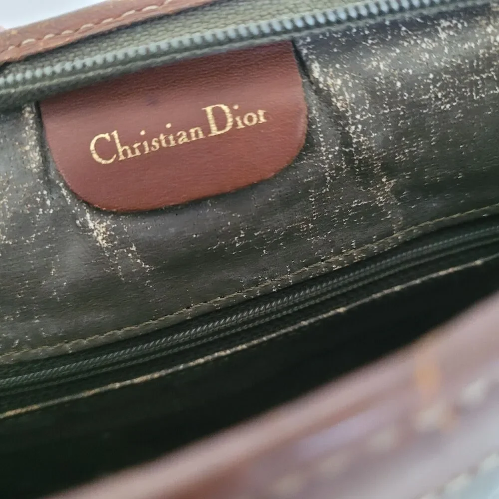 Christian Dior Pochette Trousse De Toilette Zip Pouch Clutch Green Brown Vintage